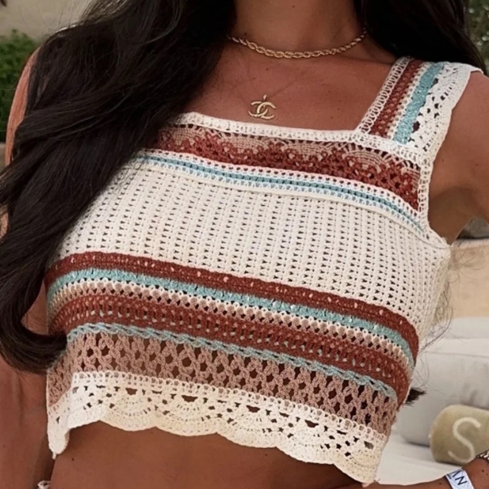 Rebellion Crochet Crop Top with Cream, Brown, and Blue Stripes